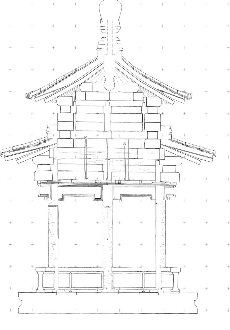 Bauaufnahmeplan, Schnitt 2: Pavillon der Grünen Muschel im Qianlong-Garten, Palastmuseum, Peking, China