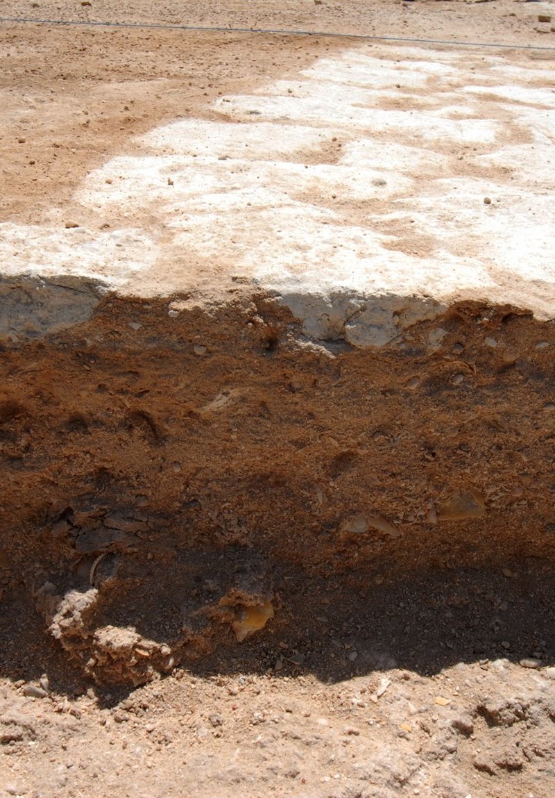 Umm el-Houl (Katar). Im Profil sind die Reste der untersten Steinlage einer Steinmauer erkennbar