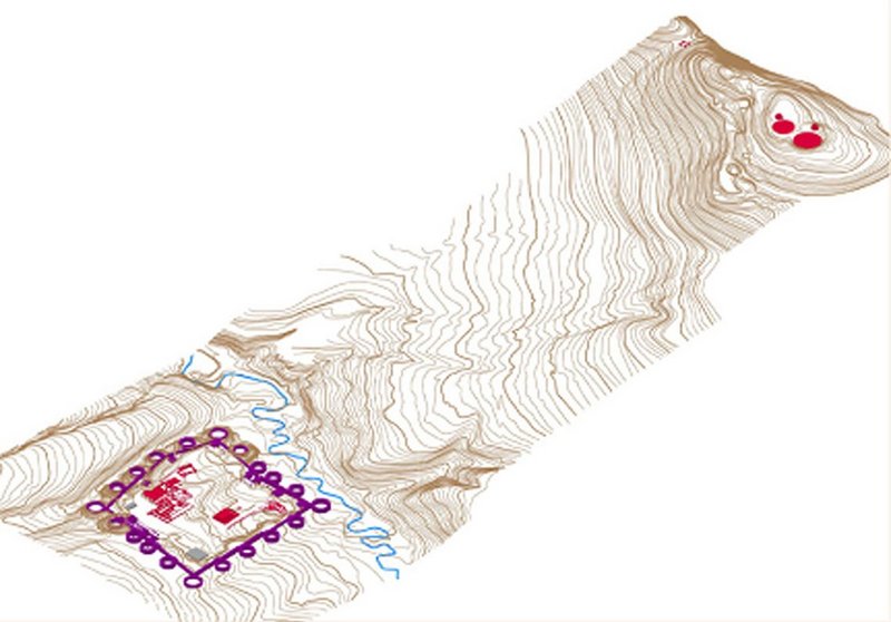 3D-Autocadmodell des Bestandes des Palastes und der Grabanlagen auf dem Hügel Magura
