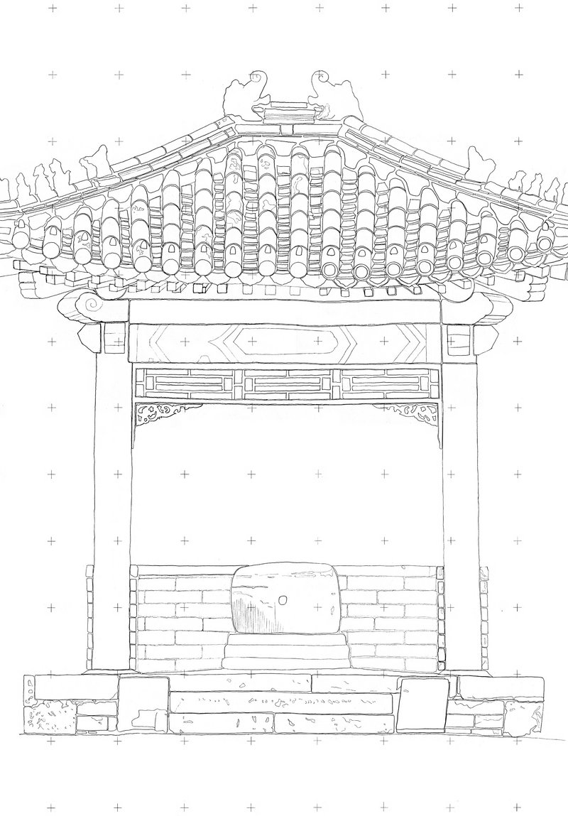 Bauaufnahmeplan, Südansicht: Brunnen-Pavillon auf dem Qianqingmen-Platz, Palastmuseum, Peking, China