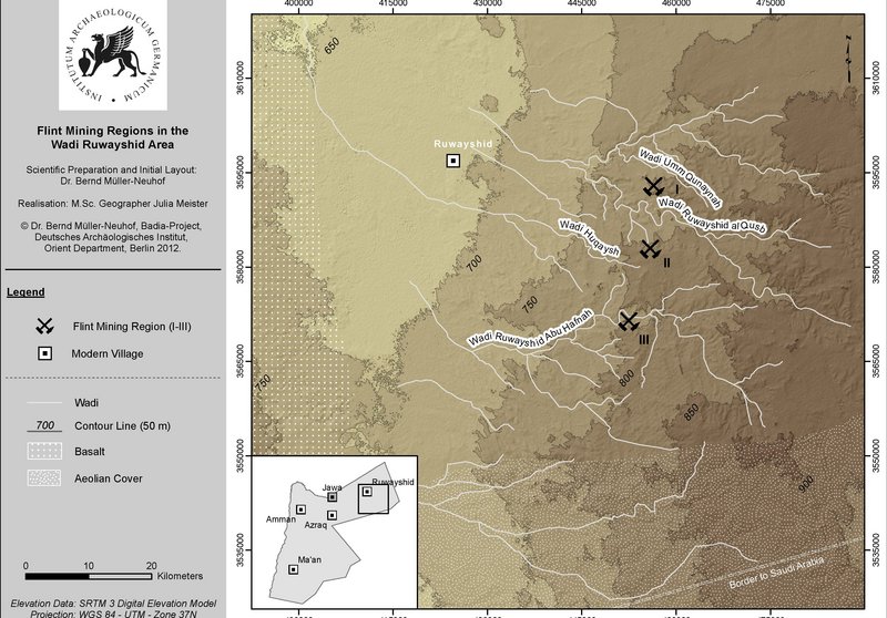 Karte mit der Lage der drei Minenreviere in der Wadi ar-Ruwayshid Minenregion